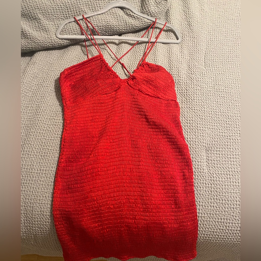 FREE PEOPLE red satin mini dress with cross back